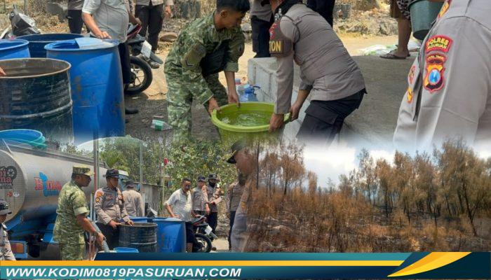 Pipa Air Terbakar Akibat Karhutla Gunung Ringgit–Welirang, TNI-Polri Turun Langsung Bantu Pasokan Air Bersih Warga